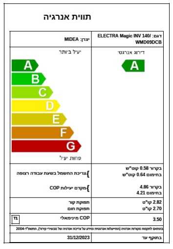 מזגן 9620BTU ELECTRA דגם MAGIC INV 140 אלקטרה - תמונה 2
