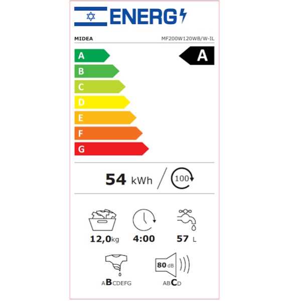 מכונת כביסה פ.חז' 12ק' 1400סל''ד 6437 MIDEA דגם MF200W120WB/W-IL מידאה - תמונה 3