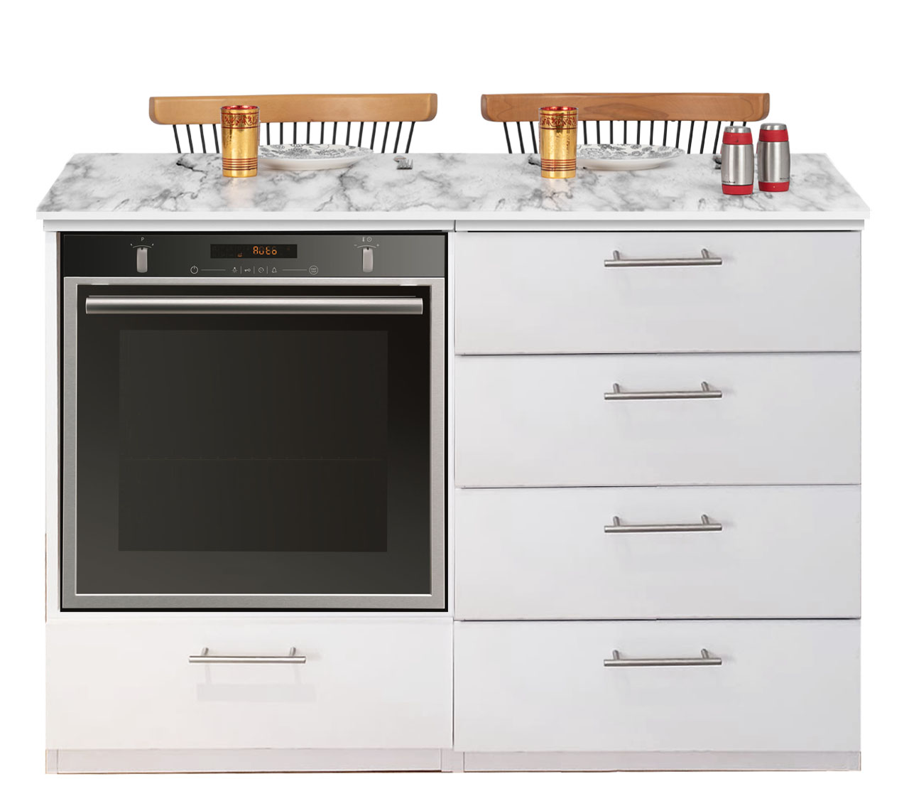 אי מגירות למטבח עם פינת אוכל משולב תנור בילט אין דגם 880111 צבע לבן דמוי שיש מבית אביעם - תמונה 1