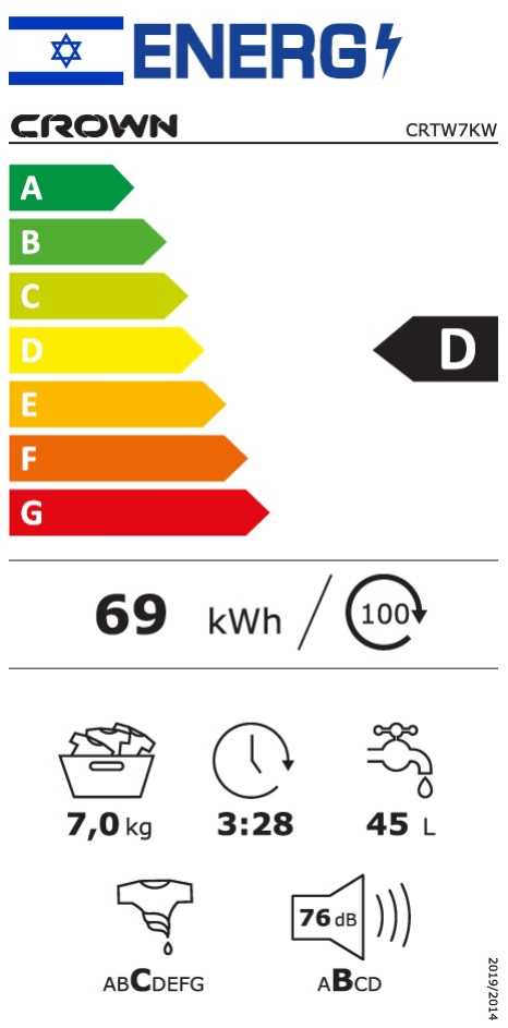 מכונת כביסה פתח קידמי 7 ק"ג CROWN דגם CRTW7KW - תמונה 2