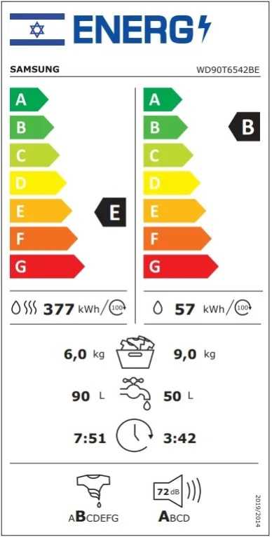 מכונת כביסה 9 ק"ג משולבת מייבש 6 ק"ג 1400 סל"ד SAMSUNG דגם WD90T6542BE סמסונג - תמונה 3