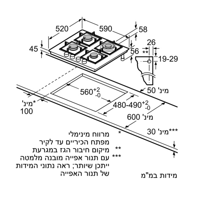 כיריים גז Bosch בוש PPH6A6M20Y - תמונה 2 כיריים גז Bosch בוש PPH6A6M20Y - תמונה 2